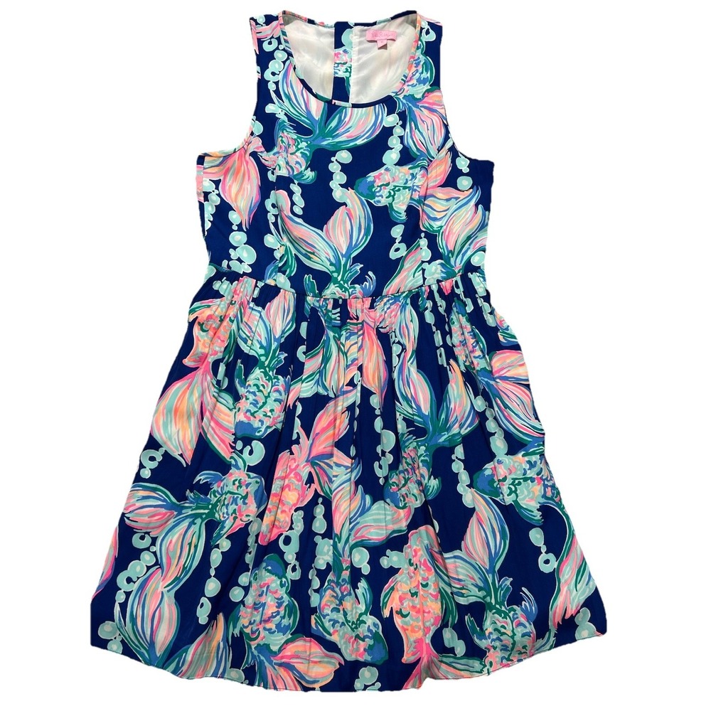 Lilly Pulitzer Women's 10 Going‎ Coastal Kassia Dress Pockets Fish Navy Pink - Picture 2 of 11